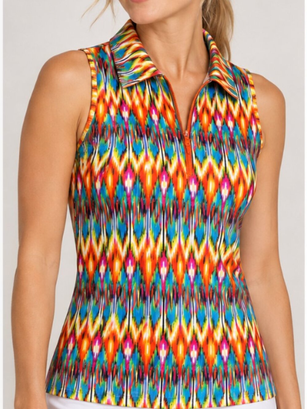 Tzu Tzu Women’s M Sleeveless Golf Polo Multicolor Abstract Print 1/4 Zip
